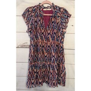 Marie Oliver Silk Blend Ikat Print Tiered Mini Dress XS Ruffle V-Neck Boho Ikat‎